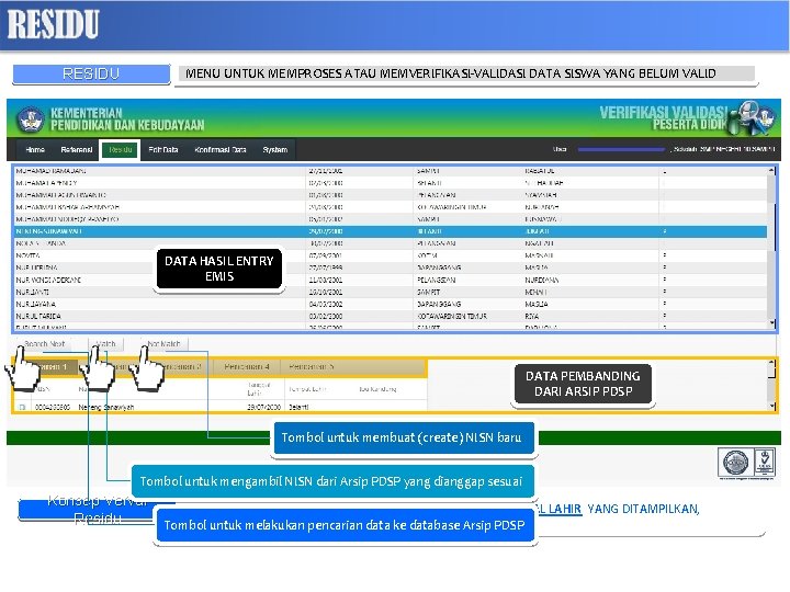MENU UNTUK MEMPROSES ATAU MEMVERIFIKASI-VALIDASI DATA SISWA YANG BELUM VALID RESIDU DATA HASIL ENTRY