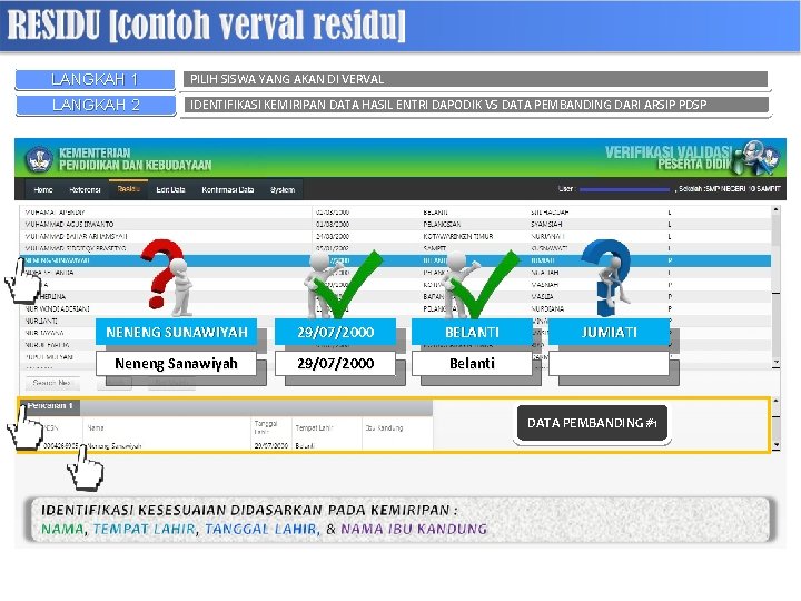 LANGKAH 1 PILIH SISWA YANG AKAN DI VERVAL LANGKAH 2 IDENTIFIKASI KEMIRIPAN DATA HASIL