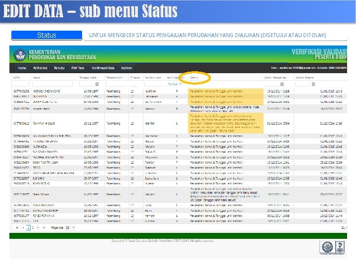 Status UNTUK MENGECEK STATUS PENGAJUAN PERUBAHAN YANG DIAJUKAN (DISETUJUI ATAU DITOLAK) 