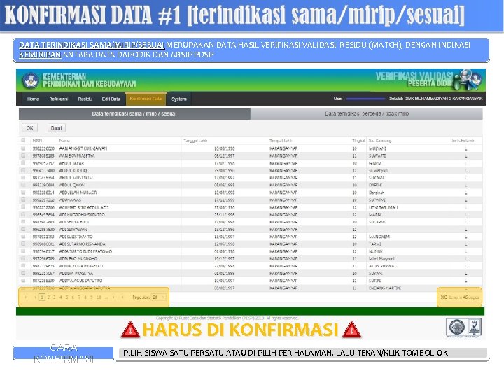 DATA TERINDIKASI SAMA/MIRIP/SESUAI MERUPAKAN DATA HASIL VERIFIKASI-VALIDASI RESIDU (MATCH), DENGAN INDIKASI KEMIRIPAN ANTARA DATA