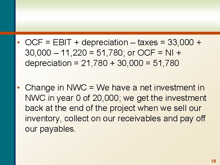  • OCF = EBIT + depreciation – taxes = 33, 000 + 30,