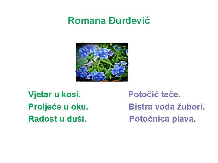 Romana Đurđević Vjetar u kosi. Proljeće u oku. Radost u duši. Potočić teče. Bistra