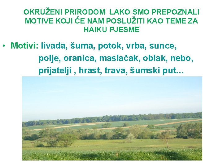 OKRUŽENI PRIRODOM LAKO SMO PREPOZNALI MOTIVE KOJI ĆE NAM POSLUŽITI KAO TEME ZA HAIKU