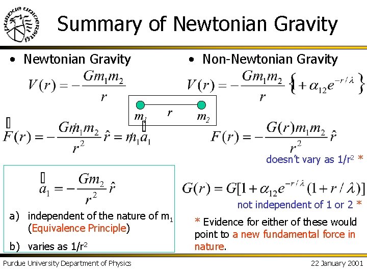 Summary of Newtonian Gravity • Newtonian Gravity • Non-Newtonian Gravity m 1 r m