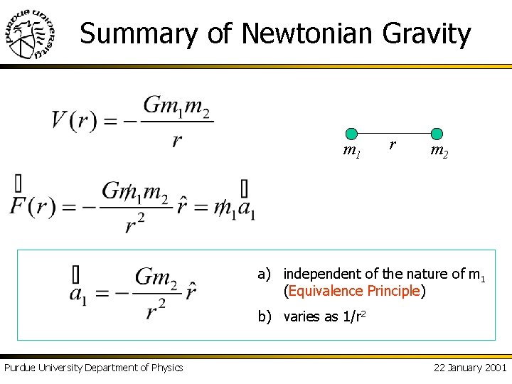 Summary of Newtonian Gravity m 1 r m 2 a) independent of the nature