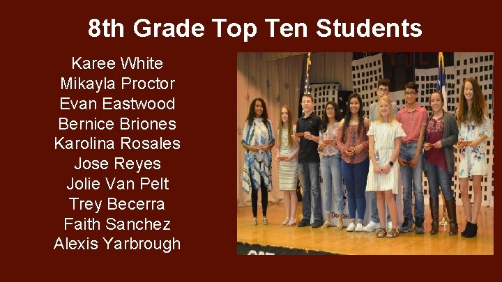 8 th Grade Top Ten Students Karee White Mikayla Proctor Evan Eastwood Bernice Briones