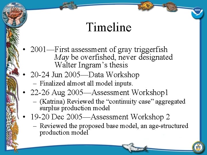 Timeline • 2001—First assessment of gray triggerfish May be overfished, never designated Walter Ingram’s