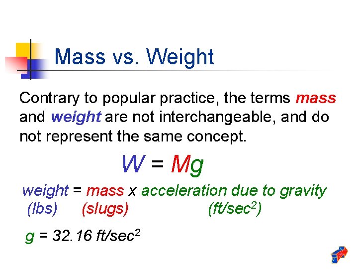 Mass vs. Weight Contrary to popular practice, the terms mass and weight are not