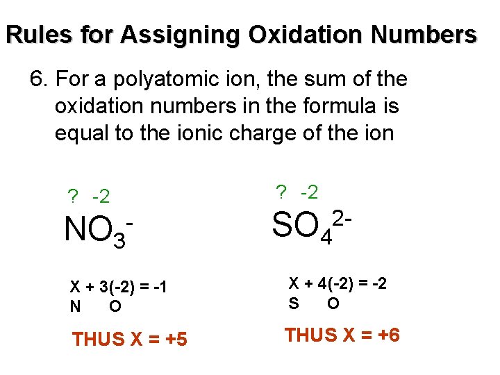 Rules for Assigning Oxidation Numbers 6. For a polyatomic ion, the sum of the