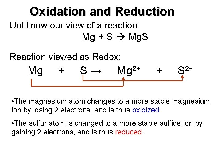 Oxidation and Reduction Until now our view of a reaction: Mg + S Mg.