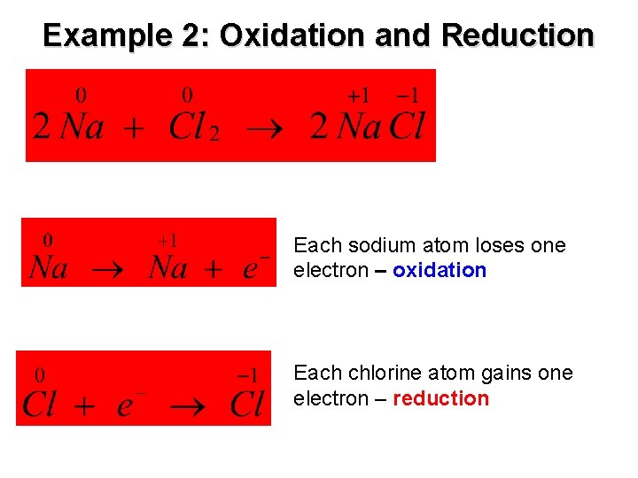 Example 2: Oxidation and Reduction Each sodium atom loses one electron – oxidation Each