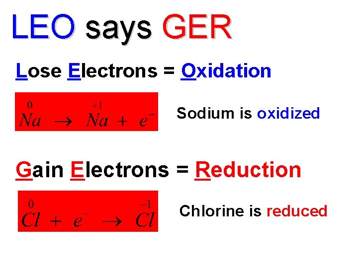 LEO says GER Lose Electrons = Oxidation Sodium is oxidized Gain Electrons = Reduction