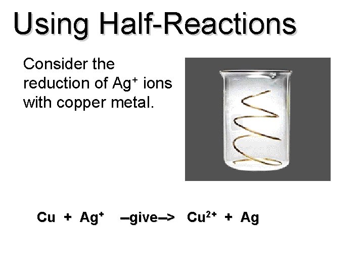 Using Half-Reactions Consider the reduction of Ag+ ions with copper metal. Cu + Ag+