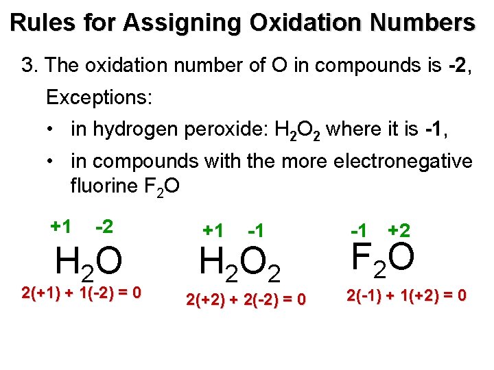 Rules for Assigning Oxidation Numbers 3. The oxidation number of O in compounds is