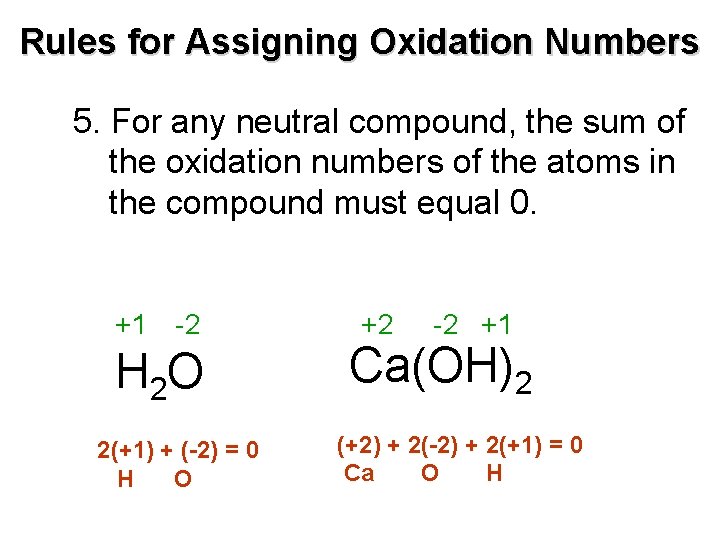 Rules for Assigning Oxidation Numbers 5. For any neutral compound, the sum of the