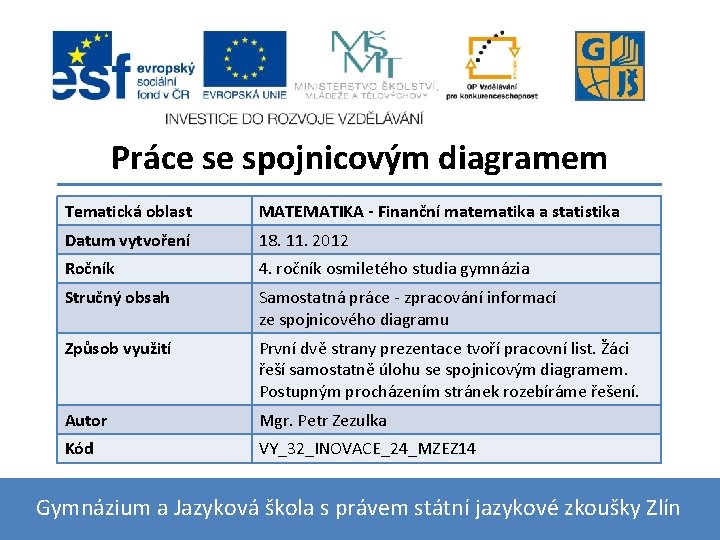 Práce se spojnicovým diagramem Tematická oblast MATEMATIKA - Finanční matematika a statistika Datum vytvoření