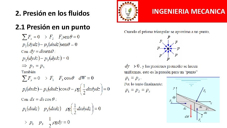 2. Presión en los fluidos 2. 1 Presión en un punto INGENIERIA MECANICA 