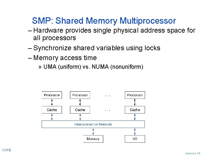 SMP: Shared Memory Multiprocessor – Hardware provides single physical address space for all processors