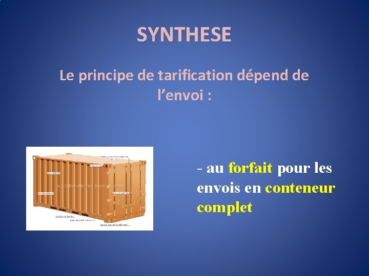 SYNTHESE Le principe de tarification dépend de l’envoi : - au forfait pour les