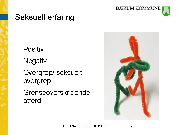 Seksuell erfaring Positiv Negativ Overgrep/ seksuelt overgrep Grenseoverskridende atferd Helsesøster fagseminar Bodø 46 