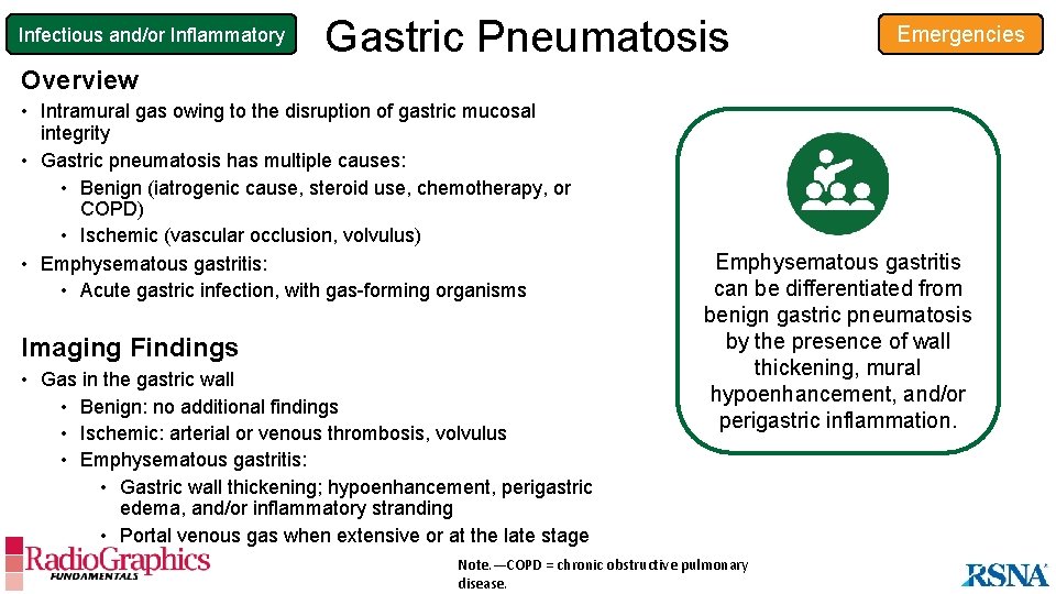 Infectious and/or Inflammatory Gastric Pneumatosis Emergencies Overview • Intramural gas owing to the disruption