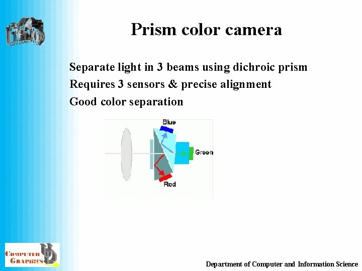 Prism color camera Separate light in 3 beams using dichroic prism Requires 3 sensors