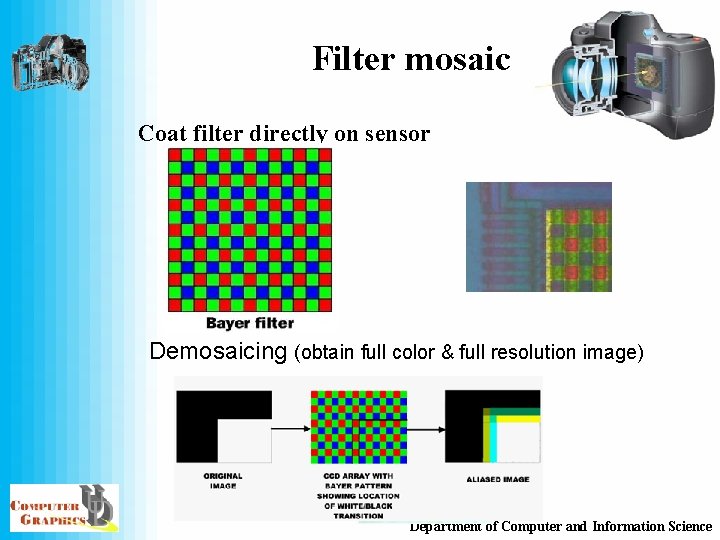 Filter mosaic Coat filter directly on sensor Demosaicing (obtain full color & full resolution