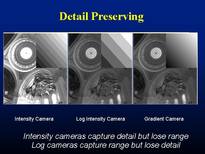 Detail Preserving Intensity Camera Log Intensity Camera Gradient Camera Intensity cameras capture detail but