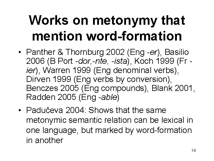 Works on metonymy that mention word-formation • Panther & Thornburg 2002 (Eng -er), Basilio