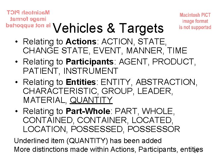 Vehicles & Targets • Relating to Actions: ACTION, STATE, CHANGE STATE, EVENT, MANNER, TIME