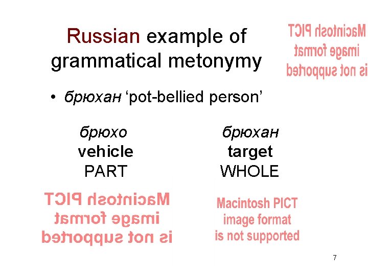 Russian example of grammatical metonymy • брюхан ‘pot-bellied person’ брюхо vehicle PART брюхан target