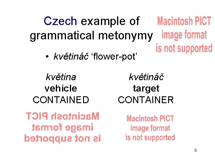 Czech example of grammatical metonymy • květináč ‘flower-pot’ květina vehicle CONTAINED květináč target CONTAINER