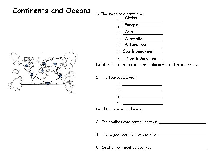 Continents and Oceans 1. The seven continents are: Africa 1. _________ Europe 2. _________