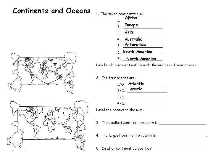 Continents and Oceans 1. The seven continents are: Africa 1. _________ Europe 2. _________