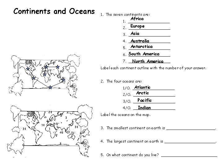 Continents and Oceans 1. The seven continents are: Africa 1. _________ Europe 2. _________