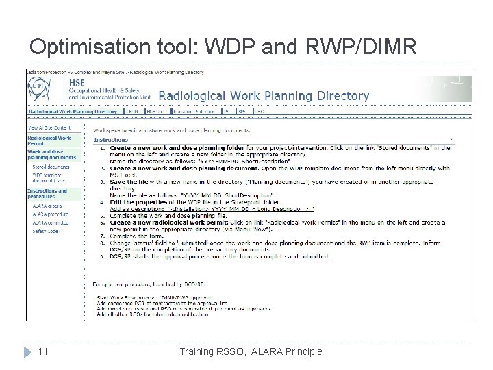 Optimisation tool: WDP and RWP/DIMR � Markus Widorski’s tool � Traceability 11 Training RSSO,