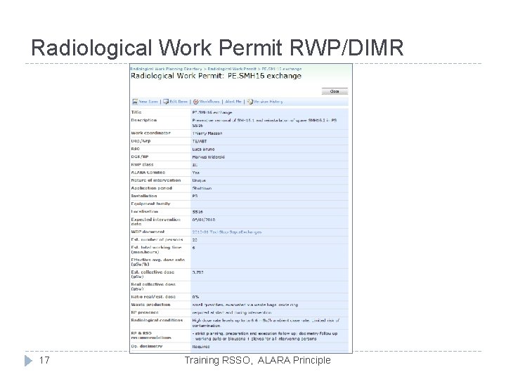 Radiological Work Permit RWP/DIMR 17 Training RSSO, ALARA Principle Radiological Work Permit RWP/DIMR 17 Training RSSO, ALARA Principle