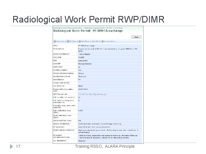 Radiological Work Permit RWP/DIMR 17 Training RSSO, ALARA Principle 