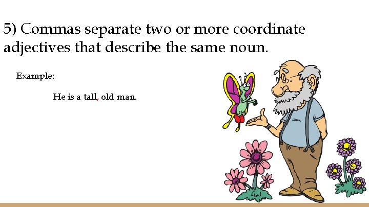 5) Commas separate two or more coordinate adjectives that describe the same noun. Example: