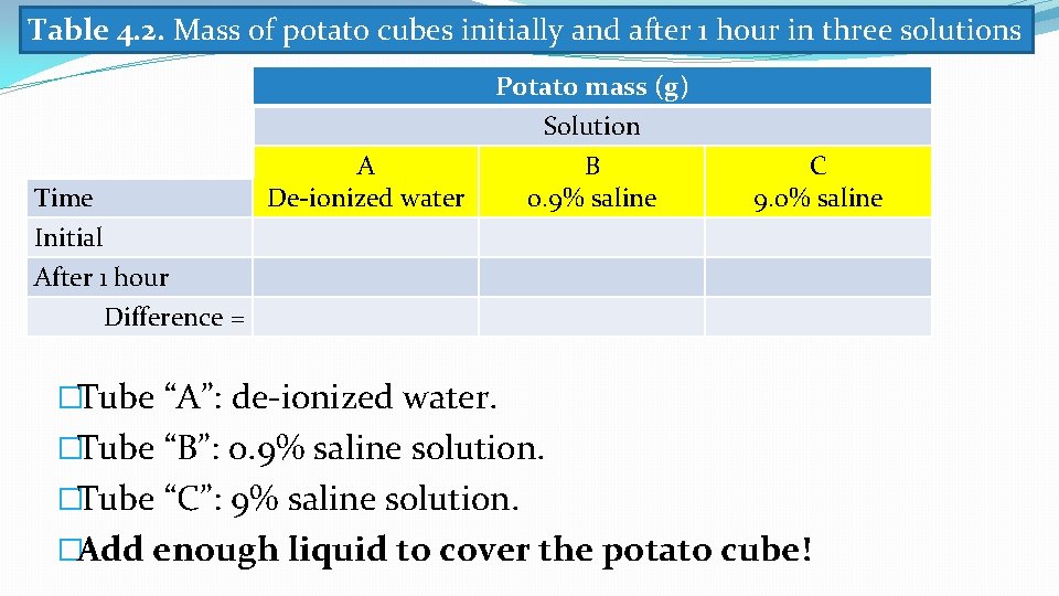 Table 4. 2. Mass of potato cubes initially and after 1 hour in three