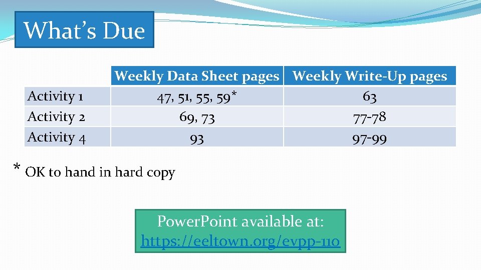 What’s Due Activity 1 Activity 2 Activity 4 Weekly Data Sheet pages Weekly Write-Up