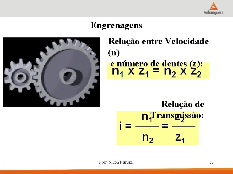 Engrenagens Relação entre Velocidade (n) e número de dentes (z): Relação de Transmissão: Prof.