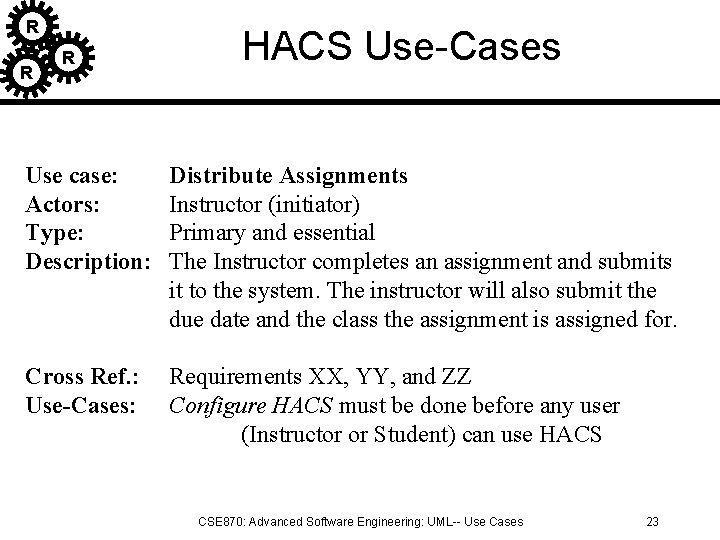 R R R HACS Use-Cases Use case: Actors: Type: Description: Distribute Assignments Instructor (initiator)