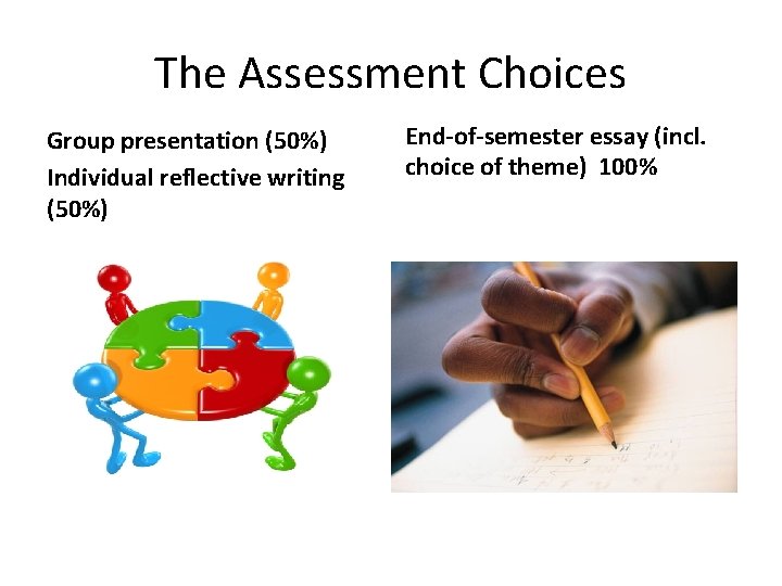 The Assessment Choices Group presentation (50%) Individual reflective writing (50%) End-of-semester essay (incl. choice