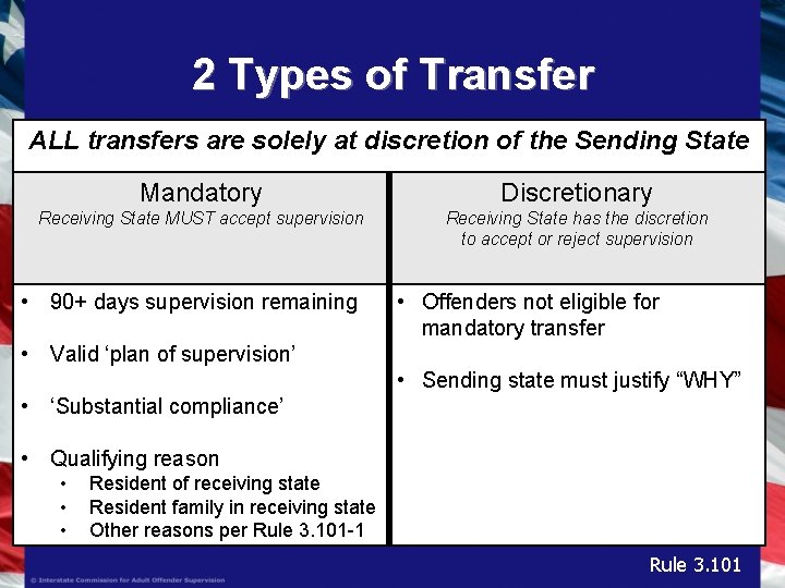 2 Types of Transfer ALL transfers are solely at discretion of the Sending State