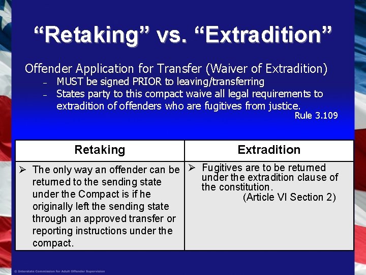 “Retaking” vs. “Extradition” Offender Application for Transfer (Waiver of Extradition) ˗ MUST be signed