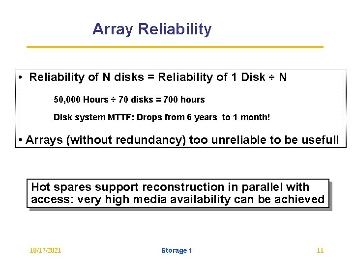Array Reliability • Reliability of N disks = Reliability of 1 Disk ÷ N