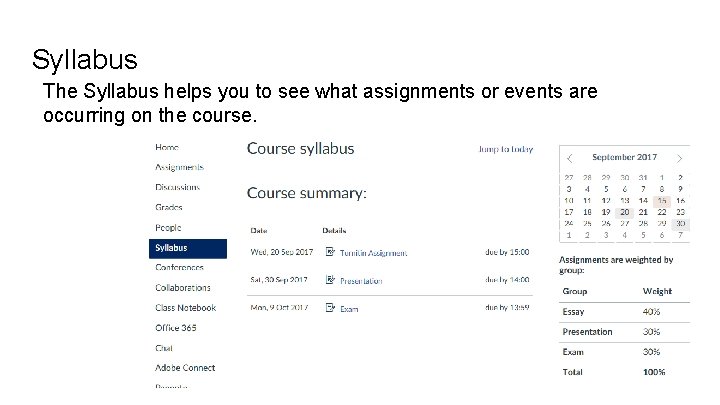 Syllabus The Syllabus helps you to see what assignments or events are occurring on