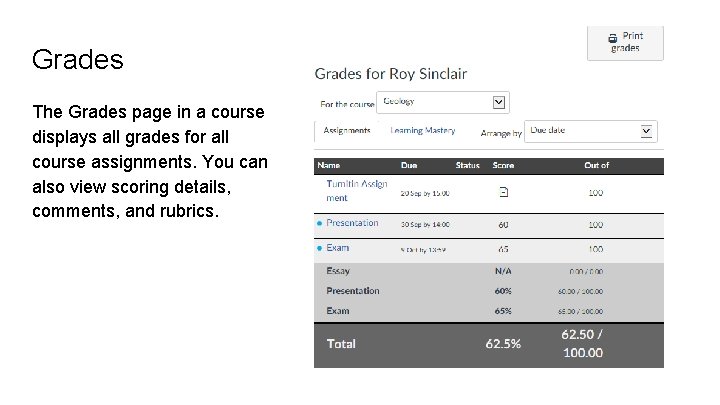 Grades The Grades page in a course displays all grades for all course assignments.