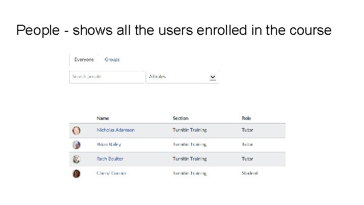 People - shows all the users enrolled in the course 